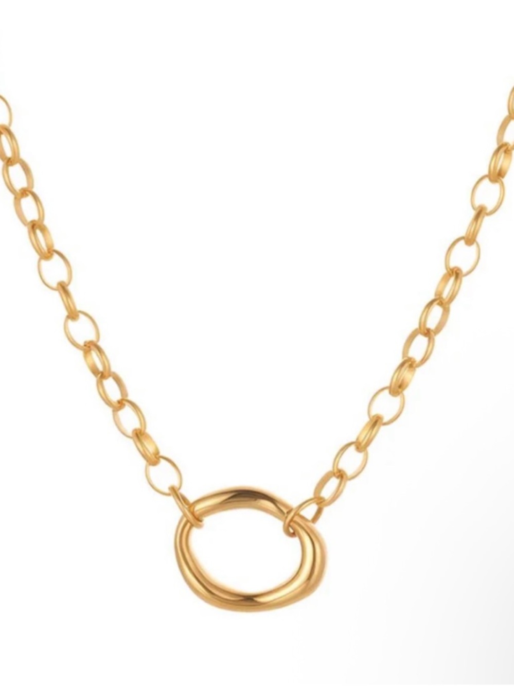 Gold Link Necklace with Polished Circle Pendant - Women